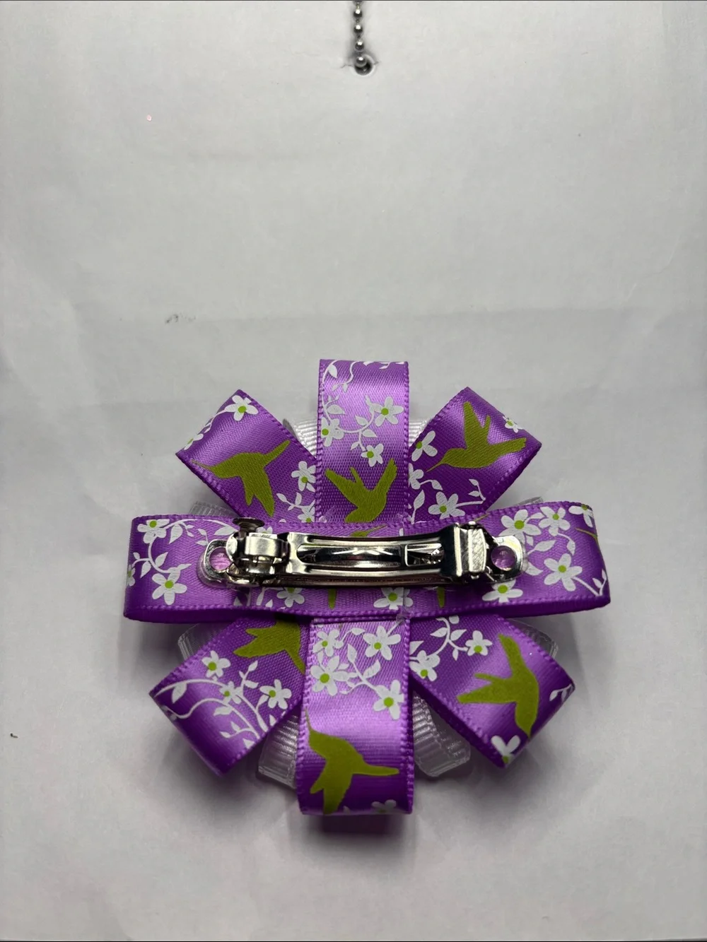 Purple Floral Ribbon Flower Hair Bow with White Accents